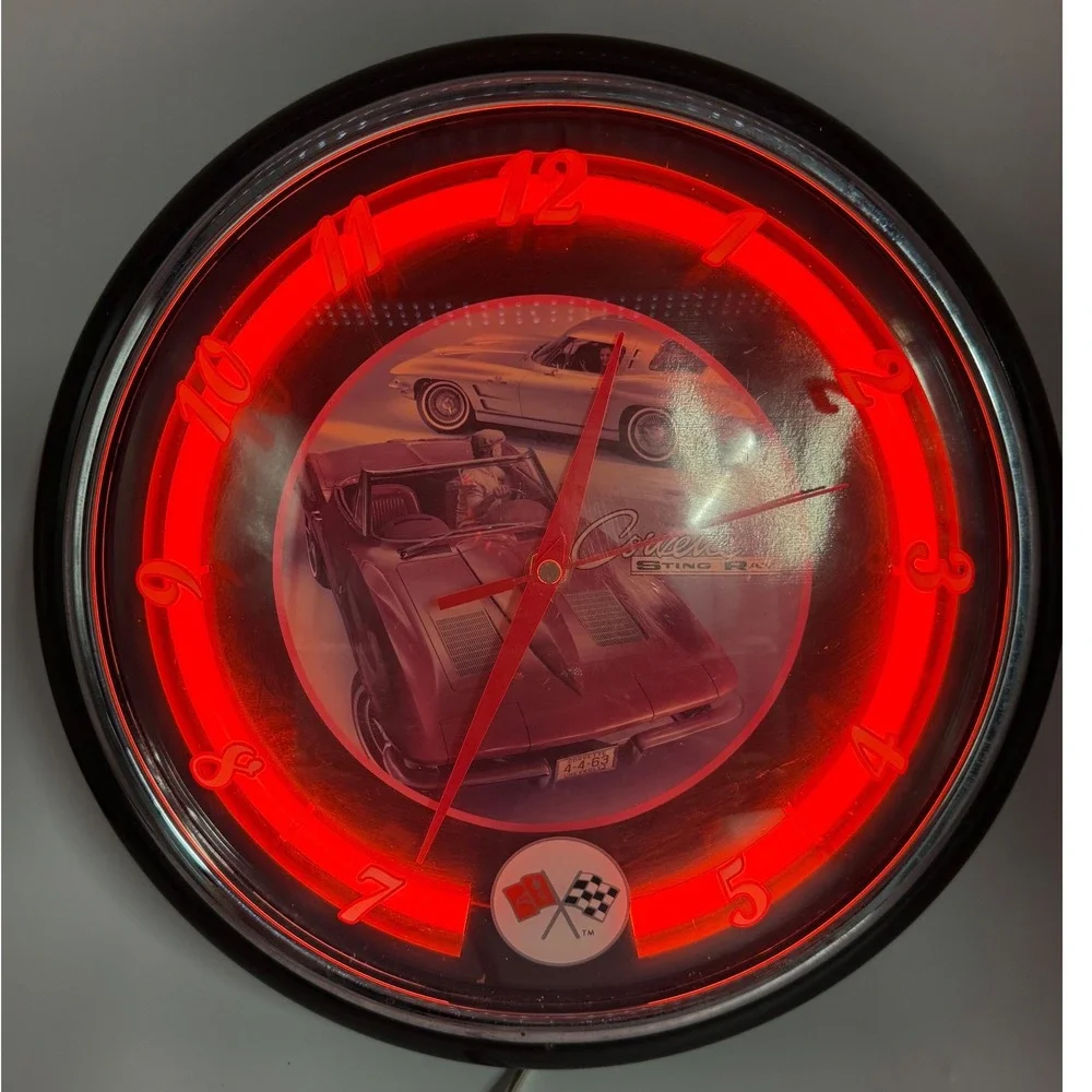VTG Corvette Stingray Neon Wall Clock Red Light Classic Car Garage‎ Decor WORKS